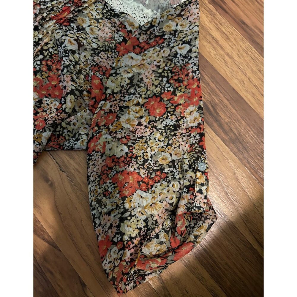 American Rag Cie Plus 2X Floral Boho Peasant Blouse Sheer Lace Yoke Button Front - Picture 10 of 15